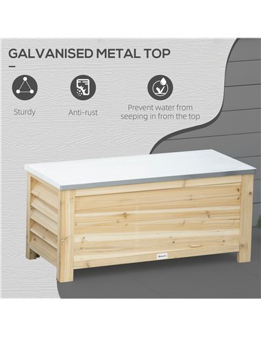 Outsunny 155L Outdoor Storage Box with Metal Top and Shutter Walls, Wooden Outside Tool organiser Container, for Garden, terrace