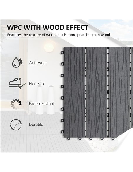Outsunny WPC Interlocking Decking Tiles, Pack of 11 Interlocking Patio Paving Slabs, 30 x 30 x 2.2 cm, Grey - pic 200388 | FastDaddyshop