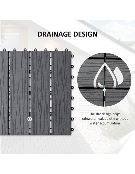 Outsunny WPC Interlocking Decking Tiles, Pack of 11 Interlocking Patio Paving Slabs, 30 x 30 x 2.2 cm, Grey - pic 200389 | FastDaddyshop