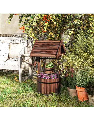 Outsunny Wood Wishing Well for Outside with Hanging Bucket, Wishing Well Planter with Drain Hole for Garden Patio, Carbonized