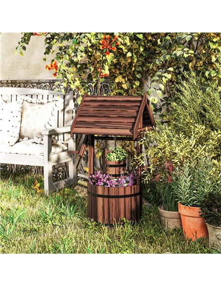 Outsunny Wood Wishing Well for Outside with Hanging Bucket, Wishing Well Planter with Drain Hole for Garden Patio, Carbonized - pic 200431 | FastDaddyshop