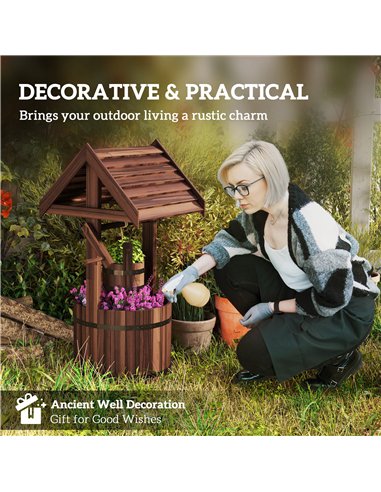 Outsunny Wood Wishing Well for Outside with Hanging Bucket, Wishing Well Planter with Drain Hole for Garden Patio, Carbonized