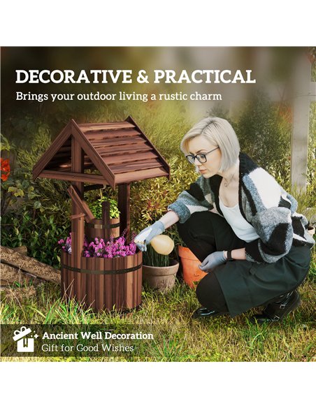 Outsunny Wood Wishing Well for Outside with Hanging Bucket, Wishing Well Planter with Drain Hole for Garden Patio, Carbonized - pic 200433 | FastDaddyshop