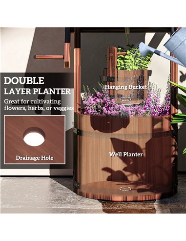 Outsunny Wood Wishing Well for Outside with Hanging Bucket, Wishing Well Planter with Drain Hole for Garden Patio, Carbonized