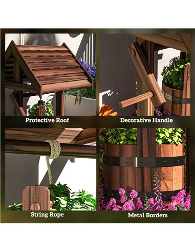 Outsunny Wood Wishing Well for Outside with Hanging Bucket, Wishing Well Planter with Drain Hole for Garden Patio, Carbonized