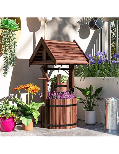 Outsunny Wood Wishing Well for Outside with Hanging Bucket, Wishing Well Planter with Drain Hole for Garden Patio, Carbonized