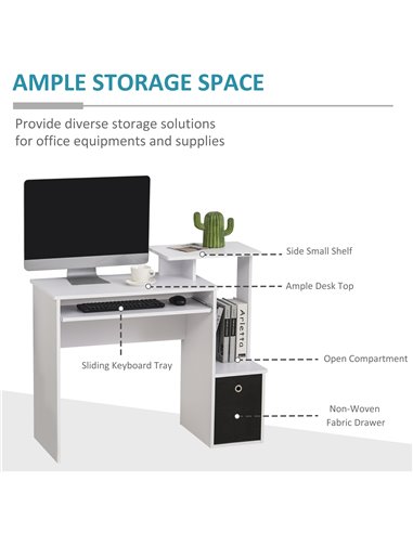 HOMCOM Computer PC Desk with Sliding Keyboard Tray Storage Drawer Shelf, White