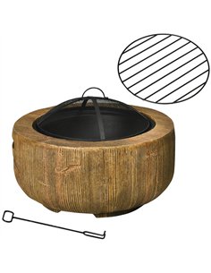 Outsunny Outdoor Fire Pit, 61.5 cm Metal Wood Burning Fireplace with Spark Cover, Poker, Woodgrain Design