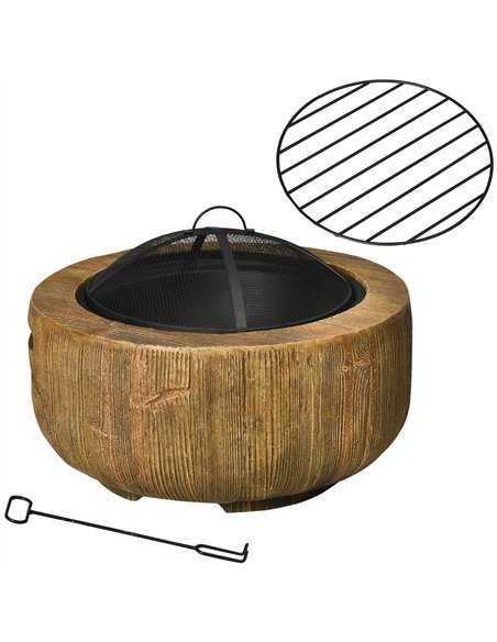 Outsunny Outdoor Fire Pit, 61.5 cm Metal Wood Burning Fireplace with Spark Cover, Poker, Woodgrain Design - pic 200457 | FastDaddyshop