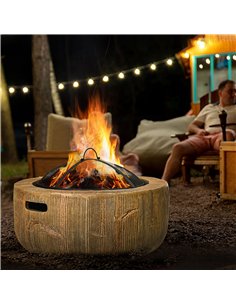 Outsunny Outdoor Fire Pit, 61.5 cm Metal Wood Burning Fireplace with Spark Cover, Poker, Woodgrain Design 2