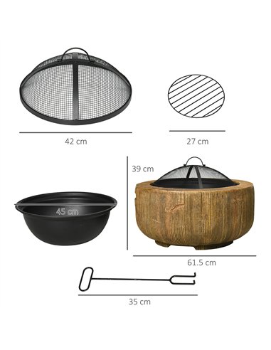 Outsunny Outdoor Fire Pit, 61.5 cm Metal Wood Burning Fireplace with Spark Cover, Poker, Woodgrain Design