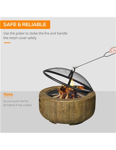 Outsunny Outdoor Fire Pit, 61.5 cm Metal Wood Burning Fireplace with Spark Cover, Poker, Woodgrain Design