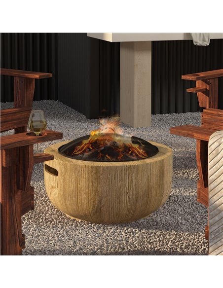 Outsunny Outdoor Fire Pit, 61.5 cm Metal Wood Burning Fireplace with Spark Cover, Poker, Woodgrain Design - pic 200465 | FastDaddyshop