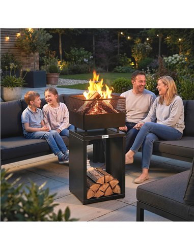 Outsunny Outdoor Fire Pit with Wood Storage Wood Burning Firepit with Mesh Sides 87 cm Black