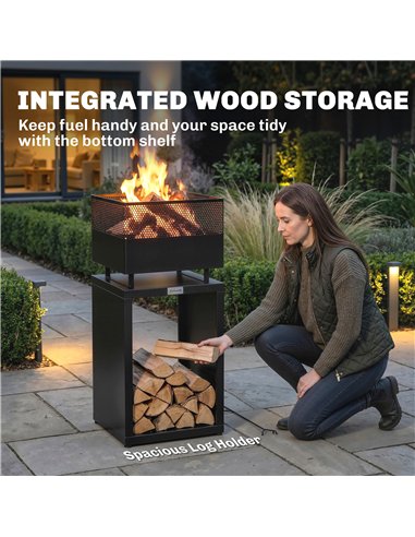 Outsunny Outdoor Fire Pit with Wood Storage Wood Burning Firepit with Mesh Sides 87 cm Black