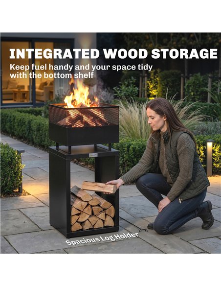 Outsunny Outdoor Fire Pit with Wood Storage Wood Burning Firepit with Mesh Sides 87 cm Black - pic 200470 | FastDaddyshop