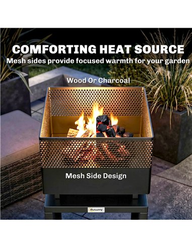 Outsunny Outdoor Fire Pit with Wood Storage Wood Burning Firepit with Mesh Sides 87 cm Black