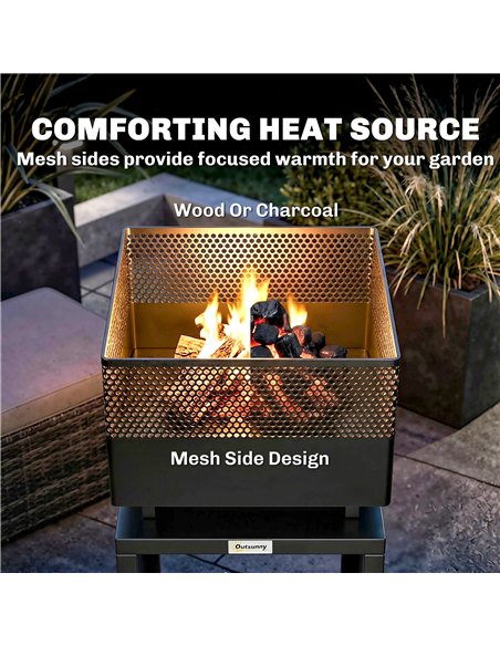 Outsunny Outdoor Fire Pit with Wood Storage Wood Burning Firepit with Mesh Sides 87 cm Black - pic 200471 | FastDaddyshop