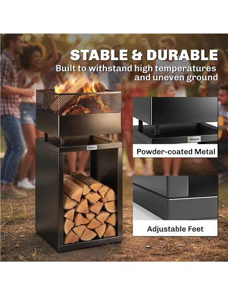 Outsunny Outdoor Fire Pit with Wood Storage Wood Burning Firepit with Mesh Sides 87 cm Black - pic 200472 | FastDaddyshop