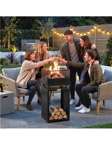 Outsunny Outdoor Fire Pit with Wood Storage Wood Burning Firepit with Mesh Sides 87 cm Black