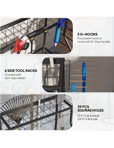 Outsunny Garden Tool Storage Rack, 3-Tier Garden Tool Rack with 11 Hooks for Long-Handled, Broom, Shovel, Rake, Holds 20 Tools