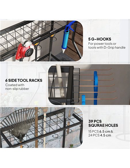 Outsunny Garden Tool Storage Rack, 3-Tier Garden Tool Rack with 11 Hooks for Long-Handled, Broom, Shovel, Rake, Holds 20 Tools - pic 200487 | FastDaddyshop