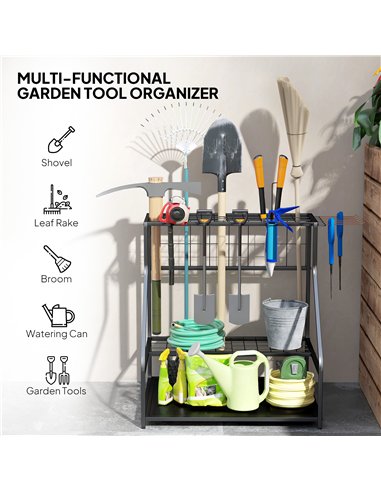 Outsunny Garden Tool Storage Rack, 3-Tier Garden Tool Rack with 11 Hooks for Long-Handled, Broom, Shovel, Rake, Holds 20 Tools