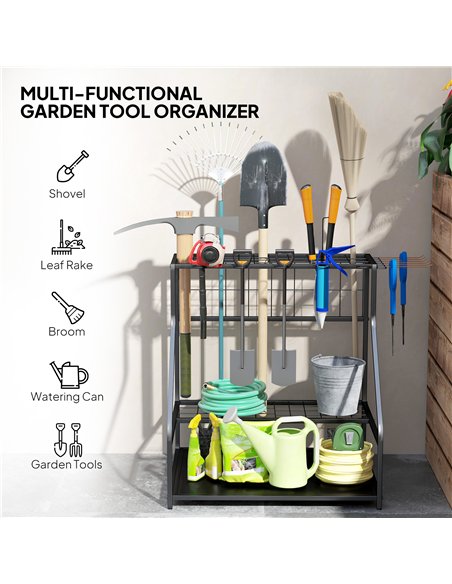 Outsunny Garden Tool Storage Rack, 3-Tier Garden Tool Rack with 11 Hooks for Long-Handled, Broom, Shovel, Rake, Holds 20 Tools - pic 200488 | FastDaddyshop
