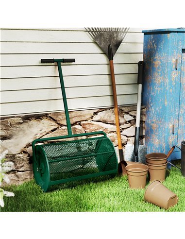 Outsunny Compost Spreader, 24" Peat Moss Spreader with Height Adjustable T Shaped Handle and Metal Mesh Basket, Garden Spreader 