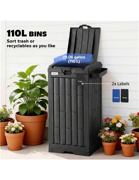 Outsunny 110 L Outdoor Bin with Dual Lid, Waterproof Plastic Trash Bin with Ashtray and Drip Tray, Garden Waste Trash Bin, Black - pic 200541 | FastDaddyshop
