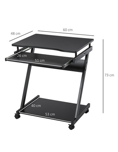 HOMCOM Movable Compact Small Computer Desk with 4 Moving Wheels Sliding Keyboard Tray Home Office Gaming Study Workstation Black