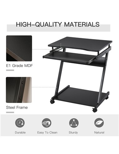 HOMCOM Movable Compact Small Computer Desk with 4 Moving Wheels Sliding Keyboard Tray Home Office Gaming Study Workstation Black