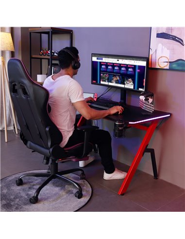 HOMCOM Gaming Desk Racing Style with RGB LED Lights, Hook, Controller Rack, Black-Red