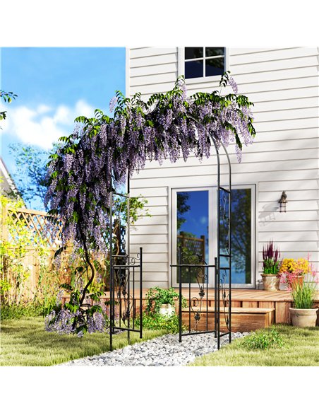 Outsunny 2.17m Steel Garden Arch with Gate, Wedding Arch for Outdoor, Garden, 107W x 45D x 217H cm Black - pic 200791 | FastDaddyshop