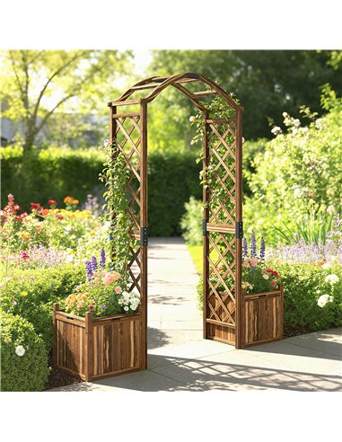 Outsunny Wooden Garden Arch with 2 Planter Boxes, Outdoor Rose Arch Trellis for Climbing Vines, Carbonised