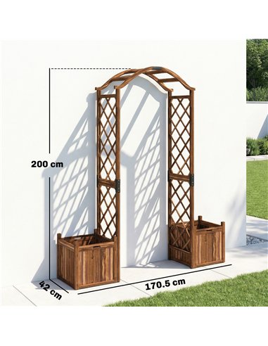 Outsunny Wooden Garden Arch with 2 Planter Boxes, Outdoor Rose Arch Trellis for Climbing Vines, Carbonised