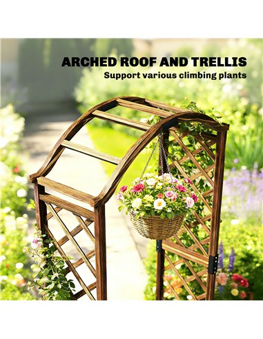 Outsunny Wooden Garden Arch with 2 Planter Boxes, Outdoor Rose Arch Trellis for Climbing Vines, Carbonised
