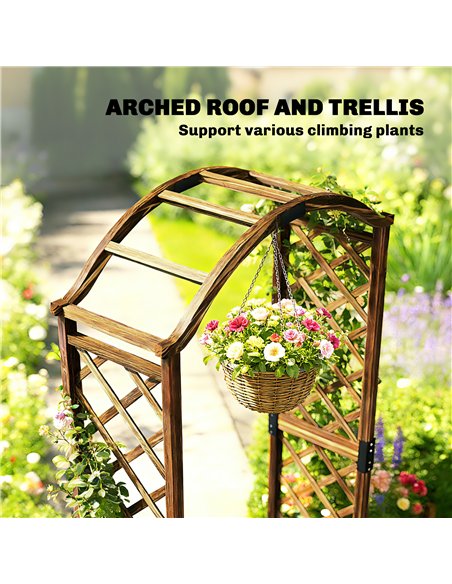 Outsunny Wooden Garden Arch with 2 Planter Boxes, Outdoor Rose Arch Trellis for Climbing Vines, Carbonised - pic 200802 | FastDaddyshop