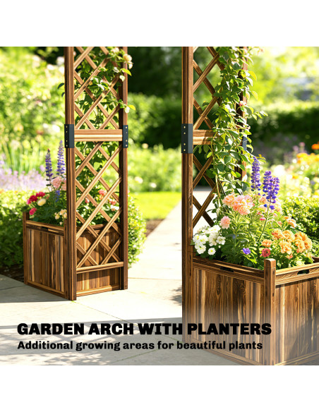 Outsunny Wooden Garden Arch with 2 Planter Boxes, Outdoor Rose Arch Trellis for Climbing Vines, Carbonised - pic 200803 | FastDaddyshop