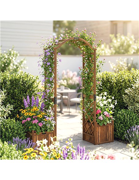 Outsunny Wooden Garden Arch with 2 Planter Boxes, Outdoor Rose Arch Trellis for Climbing Vines, Carbonised - pic 200805 | FastDaddyshop