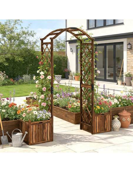 Outsunny Wooden Garden Arch with 2 Planter Boxes, Outdoor Rose Arch Trellis for Climbing Vines, Carbonised - pic 200806 | FastDaddyshop