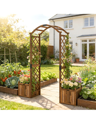Outsunny Wooden Garden Arch with 2 Planter Boxes, Outdoor Rose Arch Trellis for Climbing Vines, Carbonised