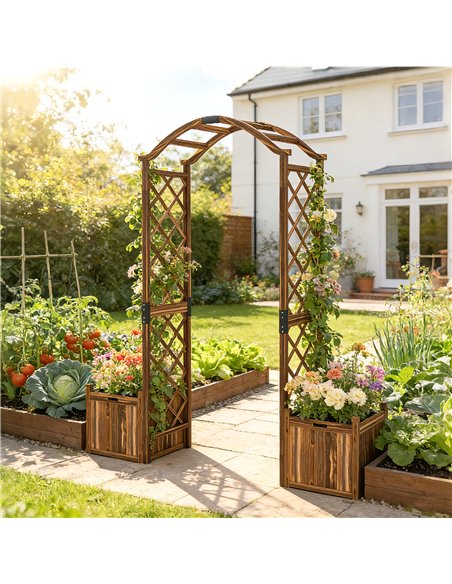 Outsunny Wooden Garden Arch with 2 Planter Boxes, Outdoor Rose Arch Trellis for Climbing Vines, Carbonised - pic 200807 | FastDaddyshop
