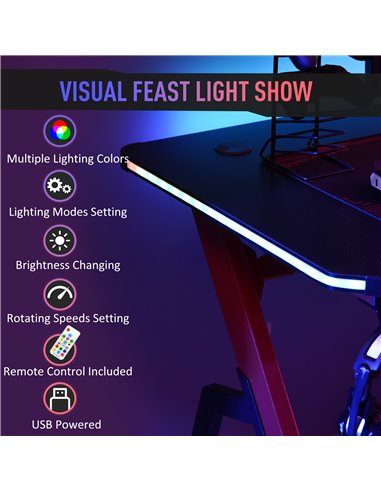 HOMCOM Gaming Desk Racing Style with RGB LED Lights, Hook, Controller Rack, Black-Red