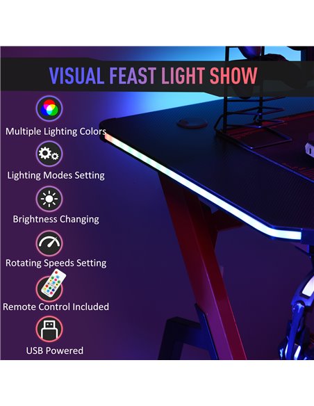 HOMCOM Gaming Desk Racing Style with RGB LED Lights, Hook, Controller Rack, Black-Red - pic 20081 | FastDaddyshop