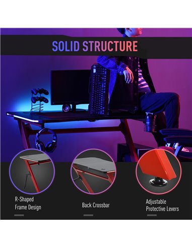 HOMCOM Gaming Desk Racing Style with RGB LED Lights, Hook, Controller Rack, Black-Red