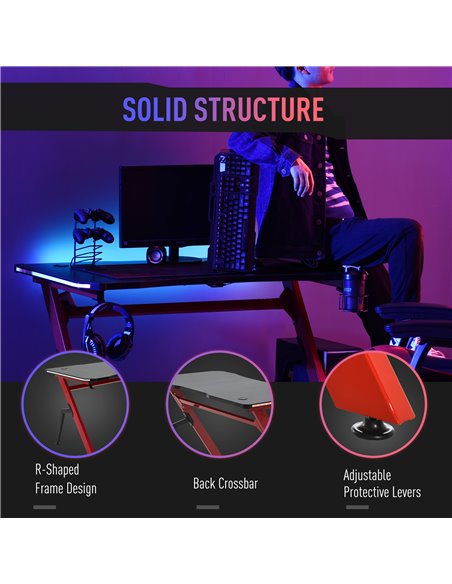 HOMCOM Gaming Desk Racing Style with RGB LED Lights, Hook, Controller Rack, Black-Red - pic 20084 | FastDaddyshop