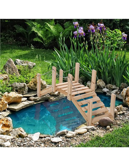 Outsunny Small Fir Wooden Garden Bridge, Arch Walkway with Metal Chain Railings for Landscape Creek Pond, Natural Wood - pic 200863 | FastDaddyshop