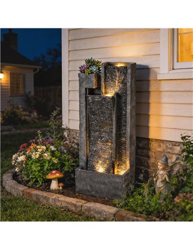 Outsunny Water Feature with LED Lights and Planter, 3-Tier Garden Water Fountain with Pump, Resin Waterfall Feature, Dark Grey