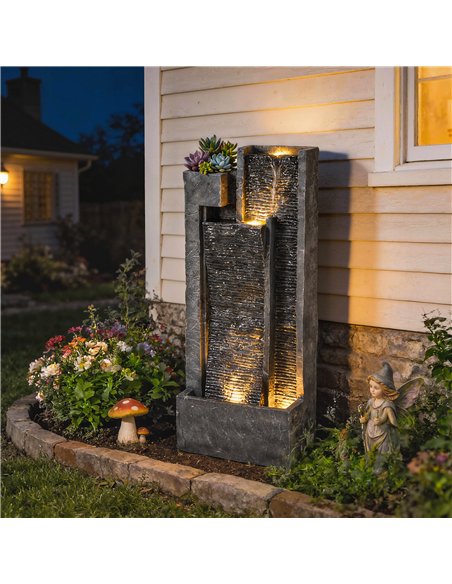 Outsunny Water Feature with LED Lights and Planter, 3-Tier Garden Water Fountain with Pump, Resin Waterfall Feature, Dark Grey - pic 200898 | FastDaddyshop